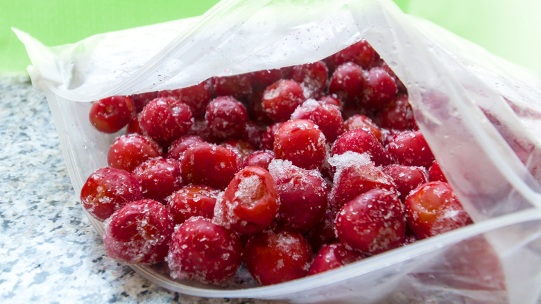 frozen cherries in an open bag