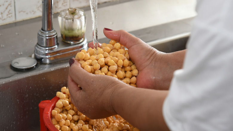 woman holds handful of chickpeas under a tap