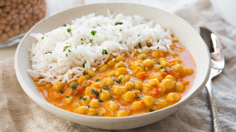 bowl of chickpea curry with rice