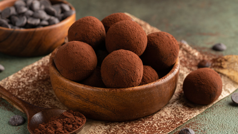 Chocolate ganache truffles in bowl