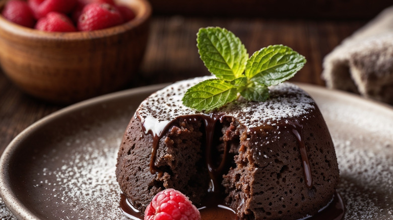 Chocolate lava cake with fresh mint