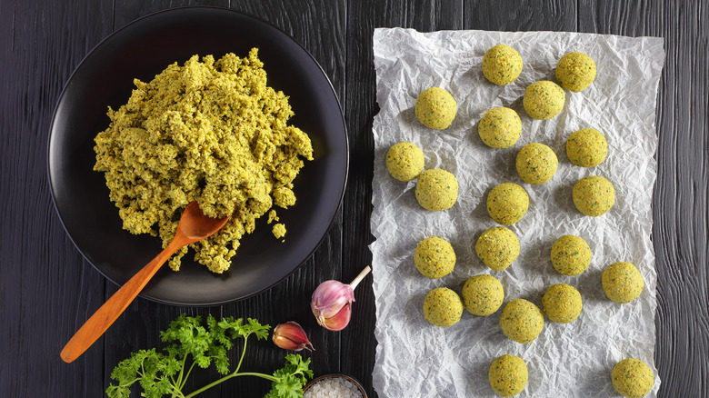 falafel mixture next to falafel balls