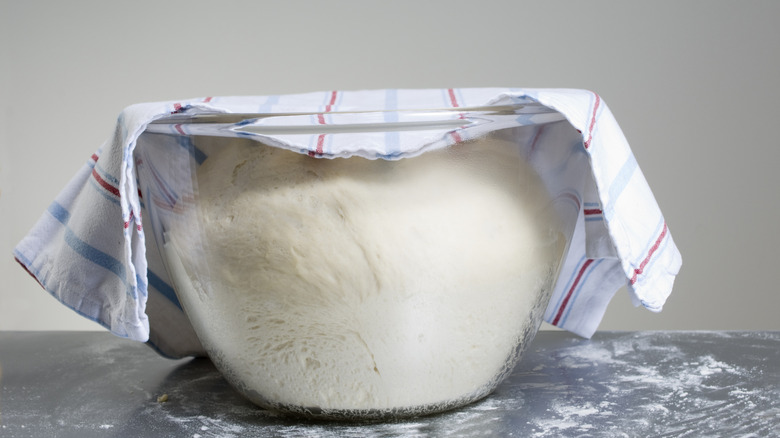 A bowl of dough proofing on a counter