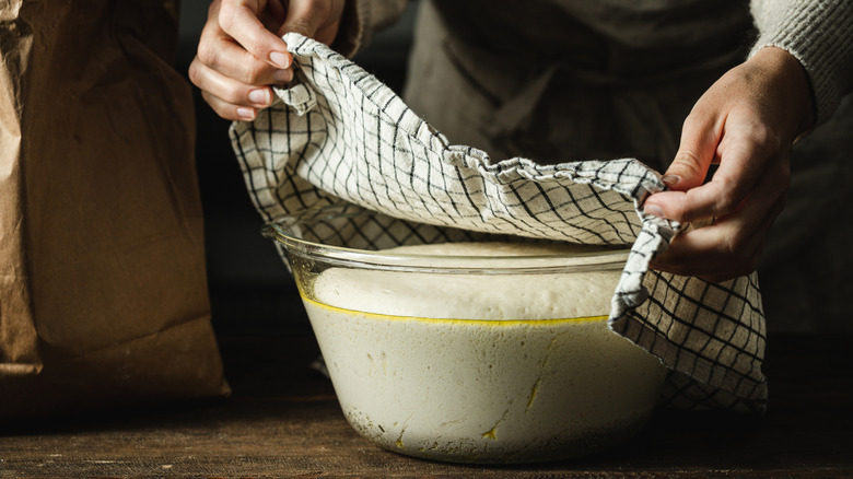 Dough proofing in glass bowl