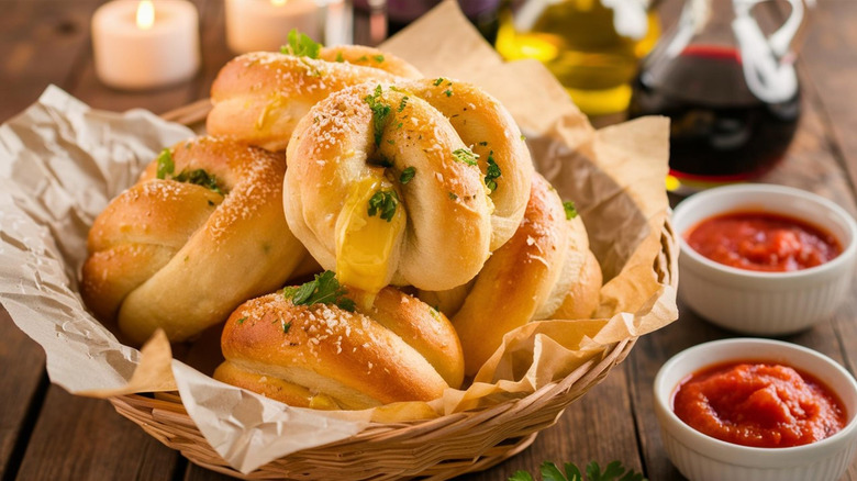 A basket of garlic knots with dipping sauce on the side