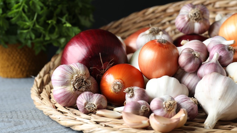 Basket of onions and garlic