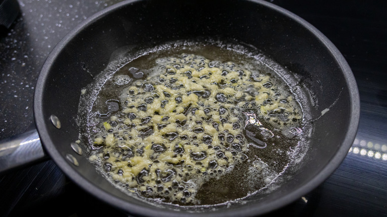 Minced garlic in pan