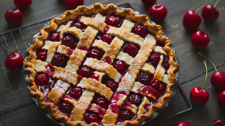 Cherry pie with lattice crust on wire grate