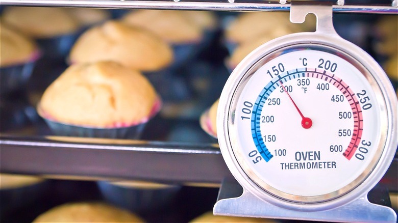 hanging oven thermometer with muffins