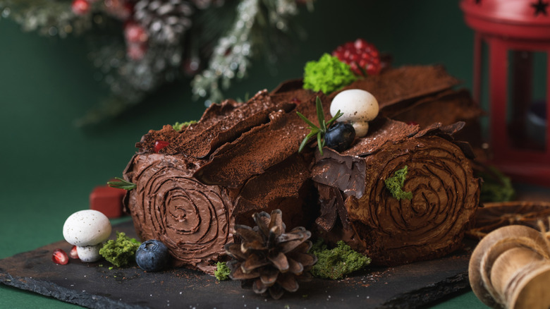 Yule log cake on a slate