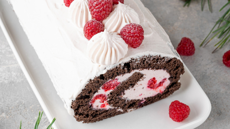 Yule log with a raspberry filling