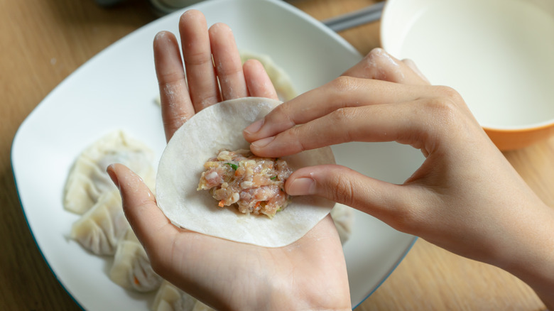 hand placing dumpling filling in palm holding wrapper