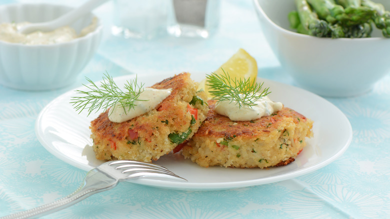 plate of crab cakes with fork