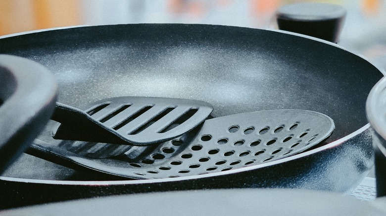 nonstick pan with spatula in it