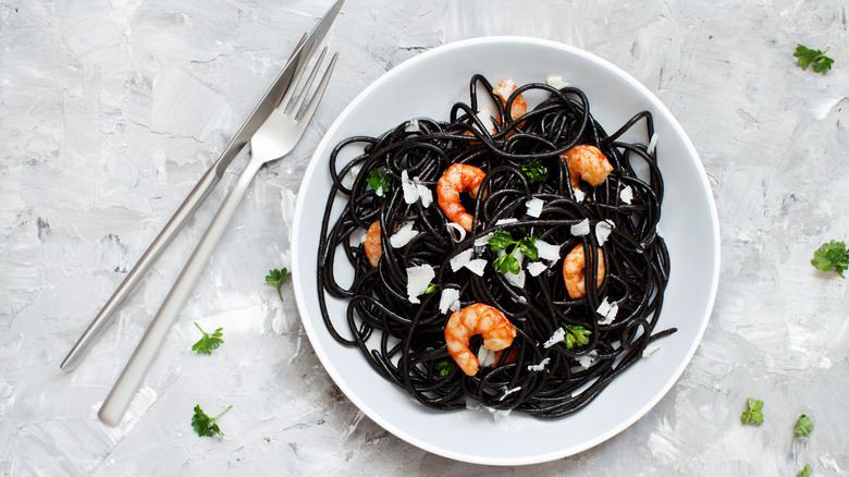 Squid ink pasta with shrimp