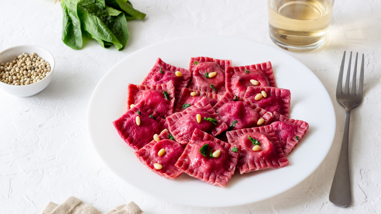 beetroot ravioli on plate