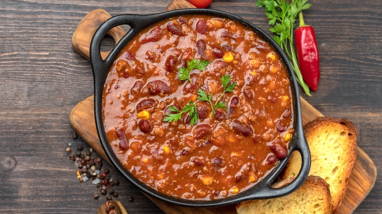 skillet of chili con carne