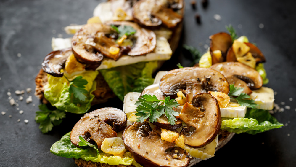 open faced sandwich with cheese and mushrooms, herbs and garlic