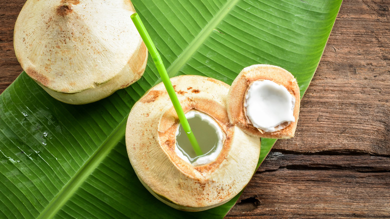 young coconuts with straw