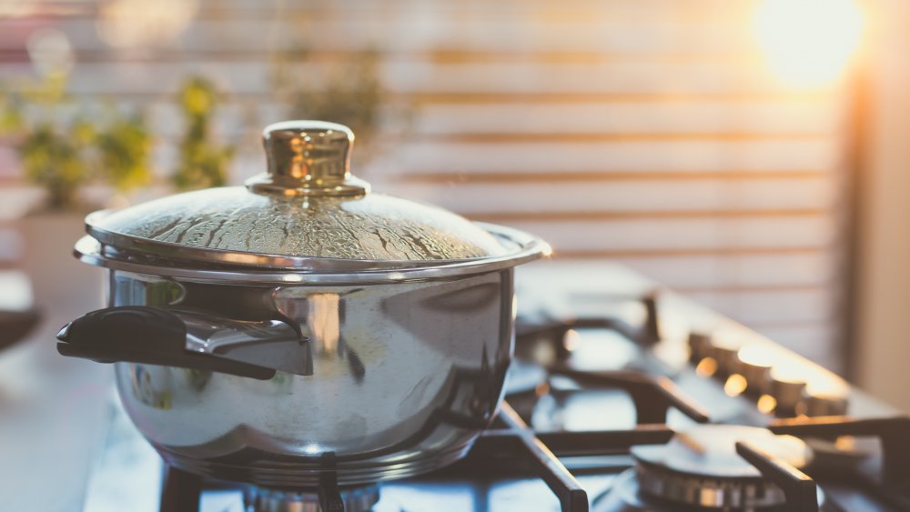 Pot on stove to make potato salad