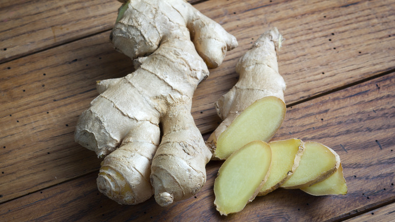 sliced ginger on table