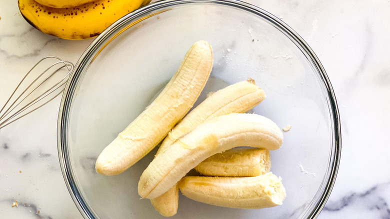 ripe bananas in mixing bowl