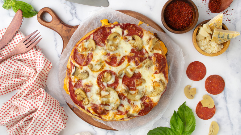 mushroom pepperoni burger pizza