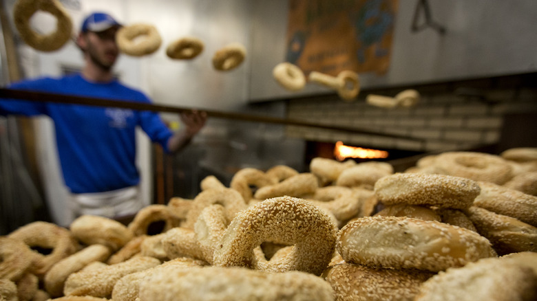 Close up of bagels next to oven