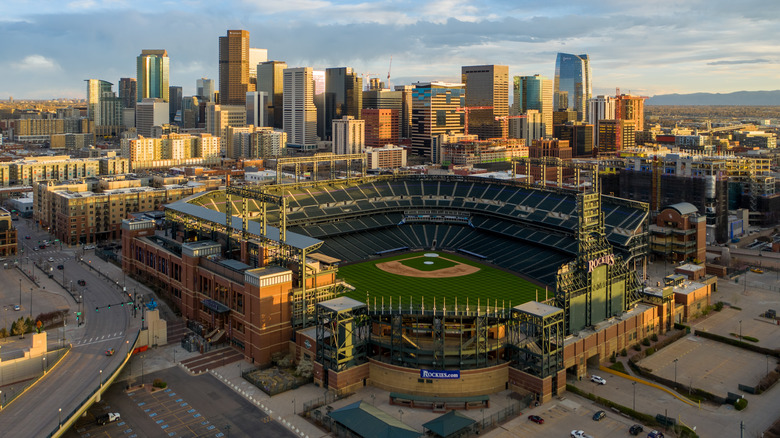 Denver skyline and baseball stadium