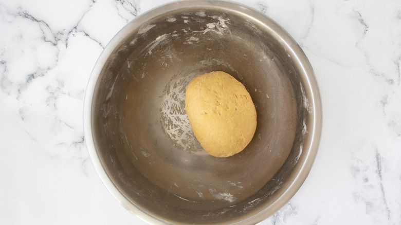 kneaded pasta dough in bowl