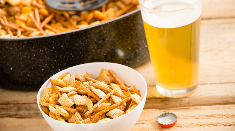 Homemade Chex mix and beer