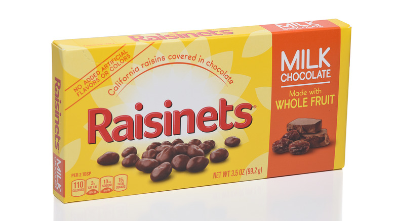 yellow box of raisinets on white background