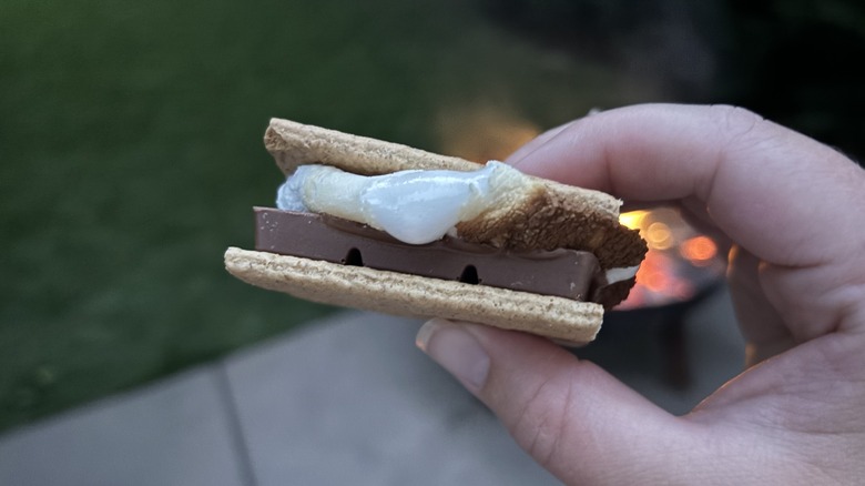 closeup of s'more with chocolate bar