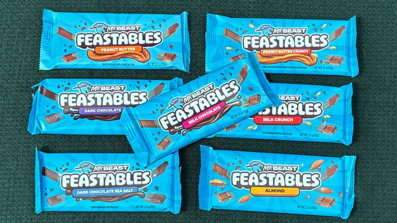 seven flavors of Feastables chocolate bars