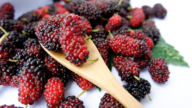 mulberries on wooden spoon