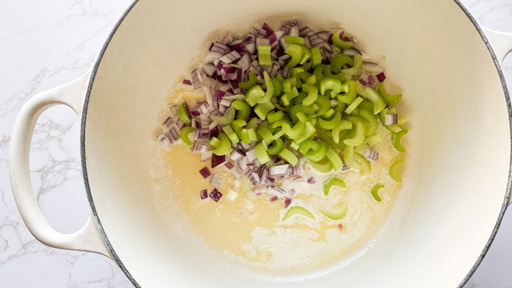 veggies in pot for mushroom soup