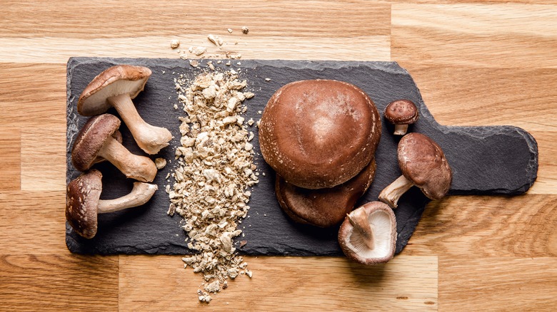 Variety of mushrooms and mushroom powder