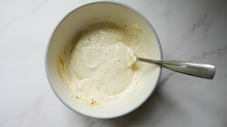 Mustard mixture on a small bowl.