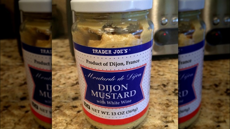 Jar of Trader Joe's Dijon mustard with white wine