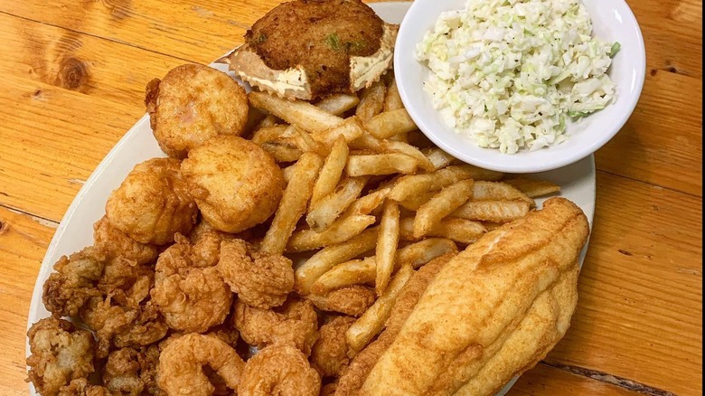 Fried seafood fries and slaw