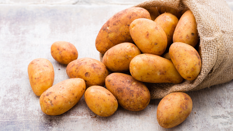 Russet potatoes in a sack