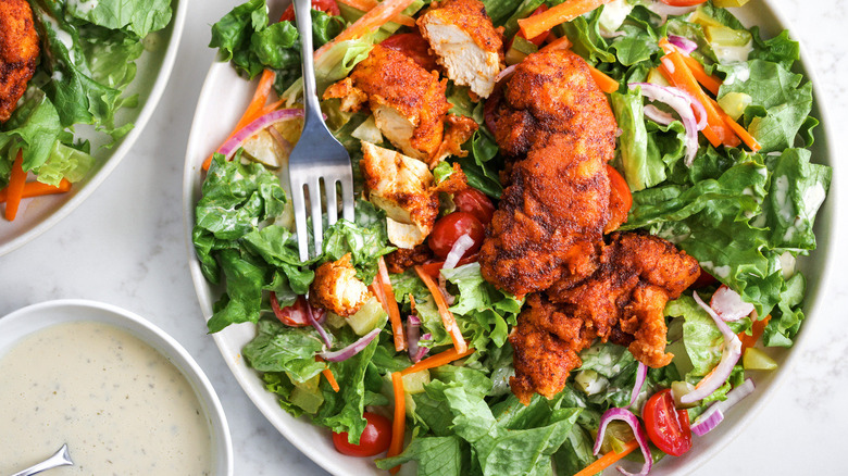 green salad with fried chicken