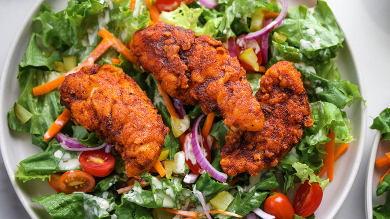 green salad with fried chicken