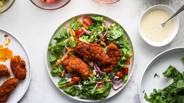 green salad with fried chicken