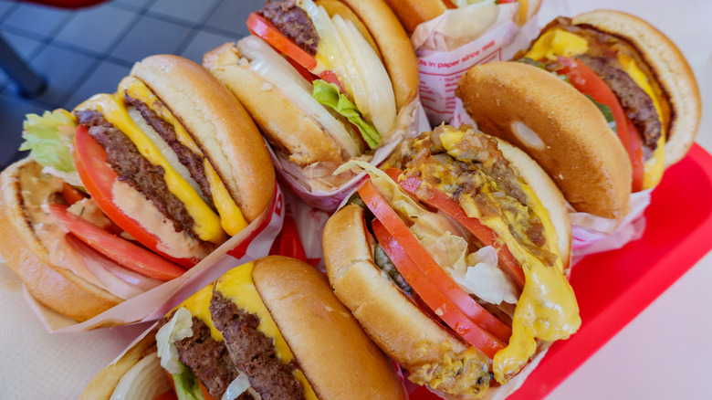 In-N-Out burgers on a red tray