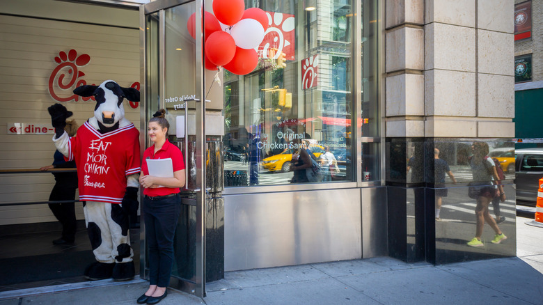 Chick-fil-A cow and manager holding door open