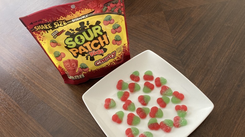 Bag and plate of Sour Patch Cherry