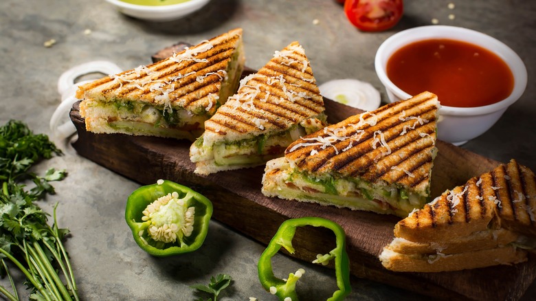 grilled sandwiches cut into triangles