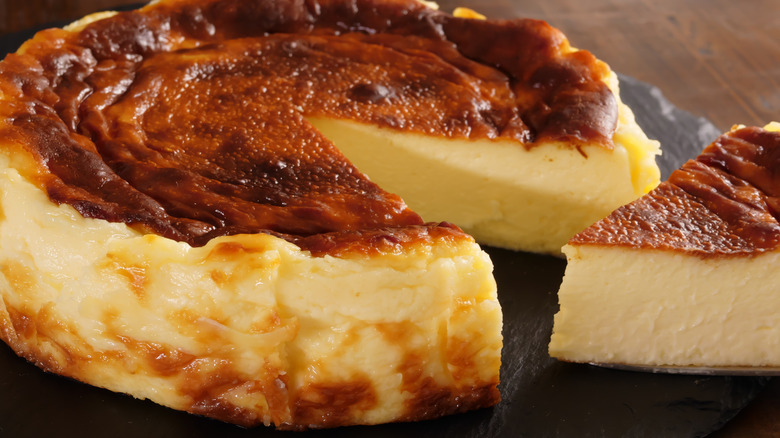 A Basque-style cheesecake ready to serve