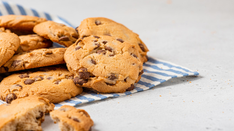 Chocolate chip cookies on blue gingham